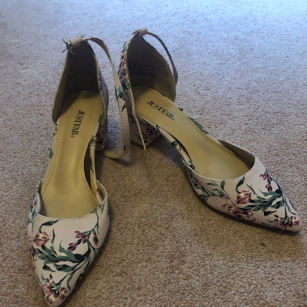 JustFab, floral, ankle strapped flats